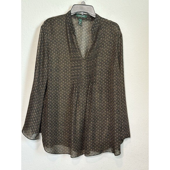 Lauren Ralph Lauren Blouse Womens 1X Brown‎ Sheer Pleated Front Polyester Top - Picture 1 of 3